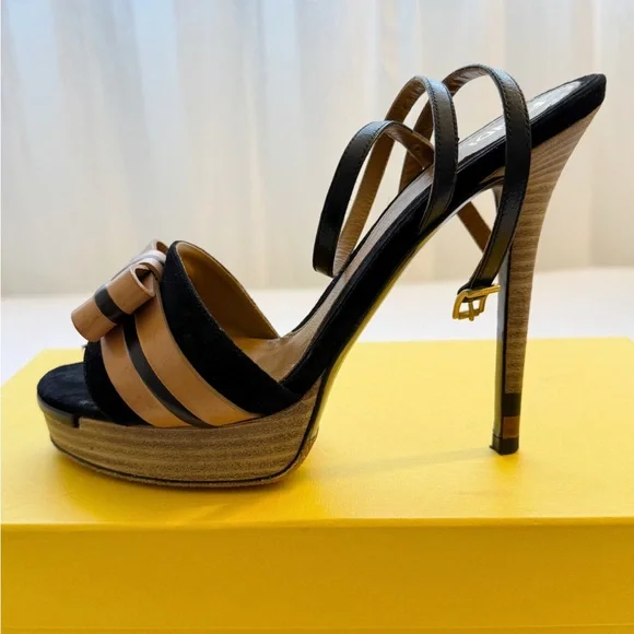 Fendi Zucca FF Logo Platform Strappy Heels Black Tan Leather Designer Sandals  7 - Picture 5 of 8